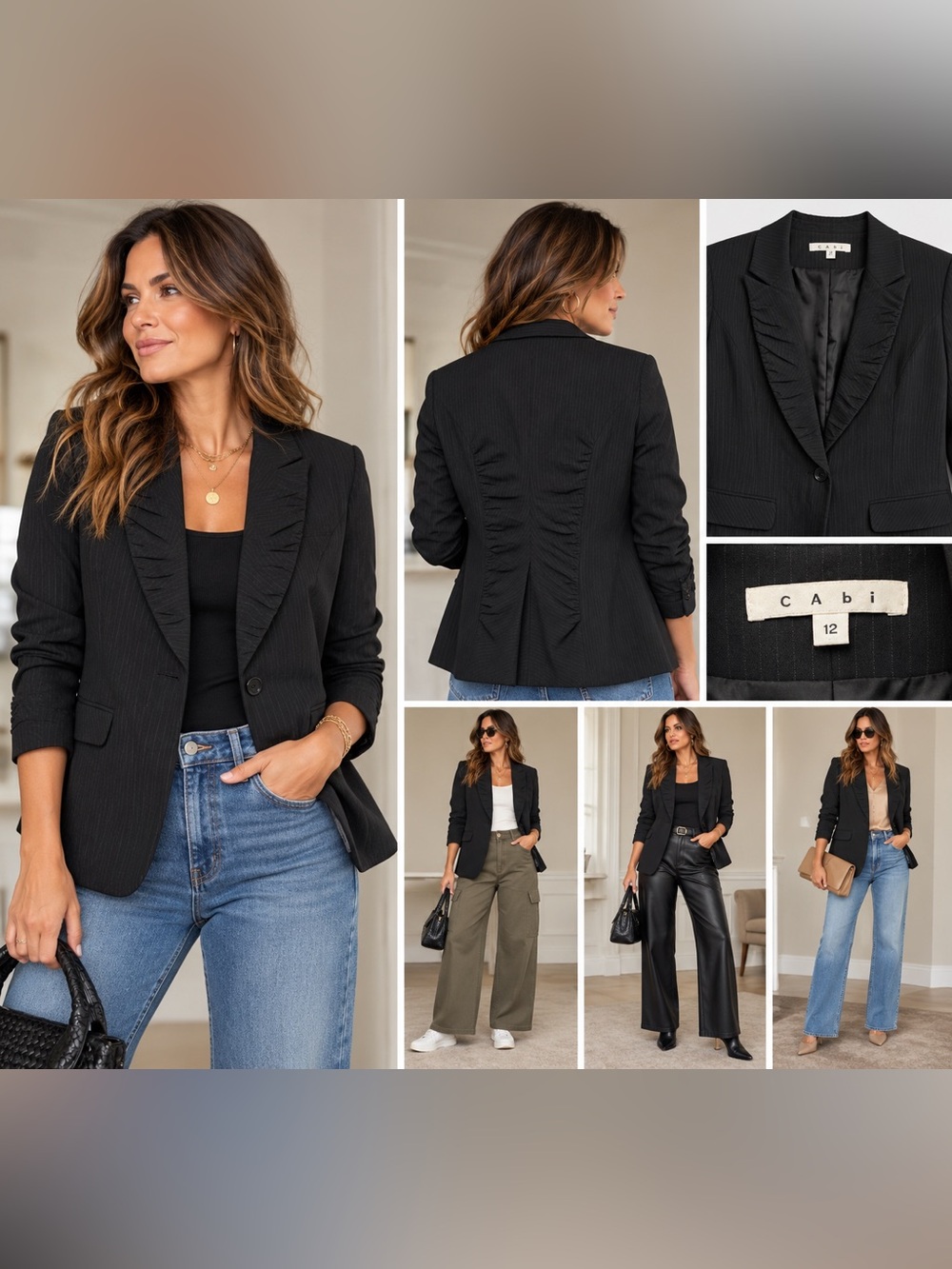 Cabi Pinstripe Blazer Ruched Back Black Size 12